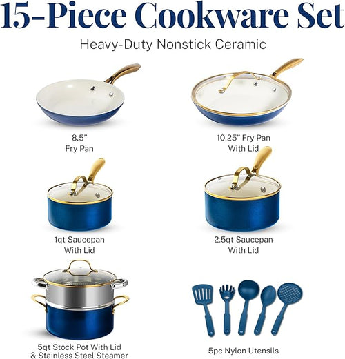 15 Pc Pots and Pans Set Non Stick - Gotham Steel Ceramic Cookware Set, Diamond Reinforced Nonstick, PFOA & PFAS Free, Non Toxic Kitchen Cookware, Oven Safe to 500°F, Dishwasher Safe - Navy