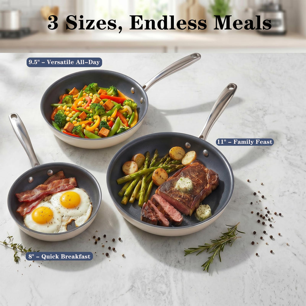 Cookersway Ceramic Nonstick Frying Pan Set - 3-Piece Skillet Set (8", 9.5", 11"), PFOA & PFAS Free, Stay Cool Handle, Dishwasher Safe, Induction Compatible Cookware for Omelet, Sauté, Fry
