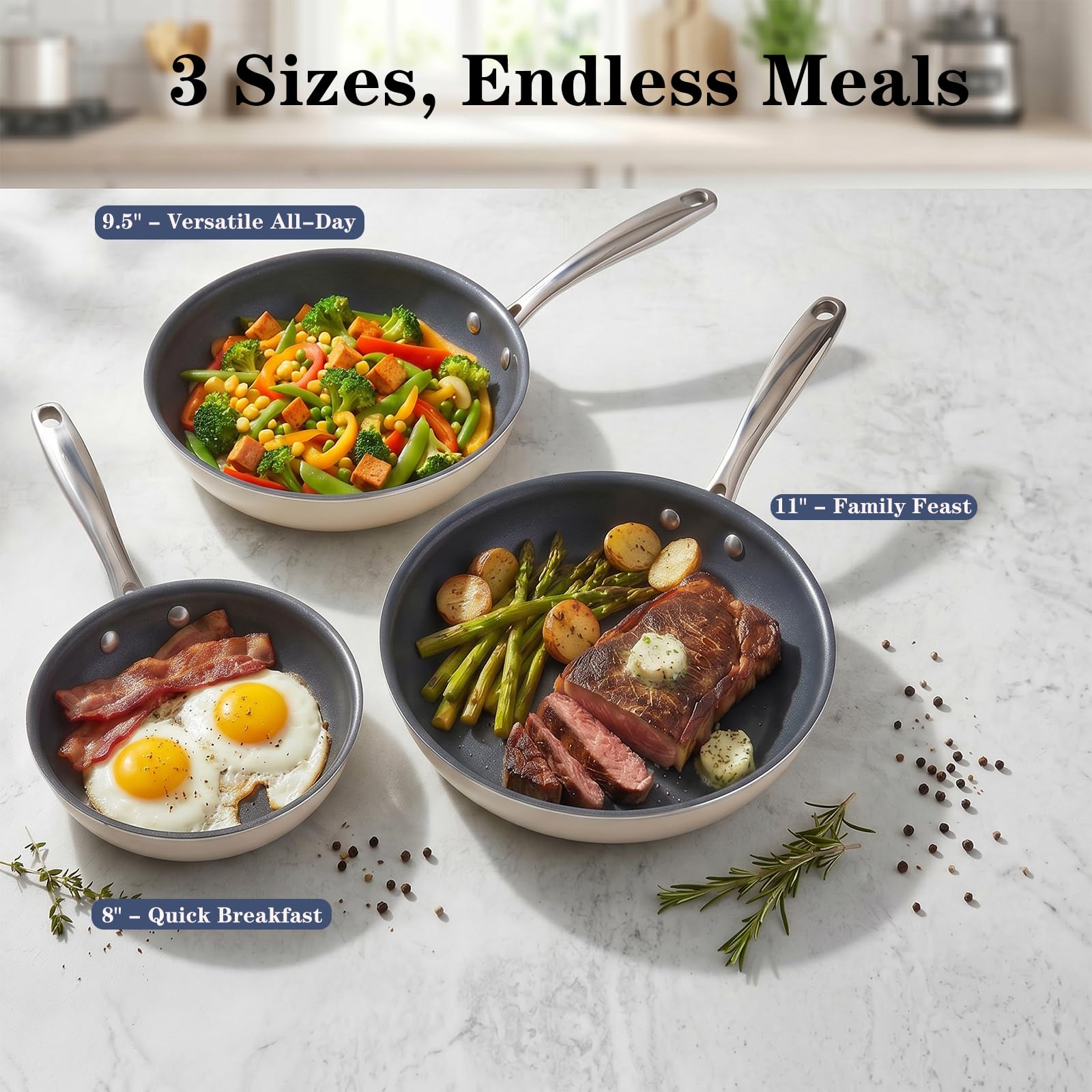 Cookersway Ceramic Nonstick Frying Pan Set - 3-Piece Skillet Set (8", 9.5", 11"), PFOA & PFAS Free, Stay Cool Handle, Dishwasher Safe, Induction Compatible Cookware for Omelet, Sauté, Fry