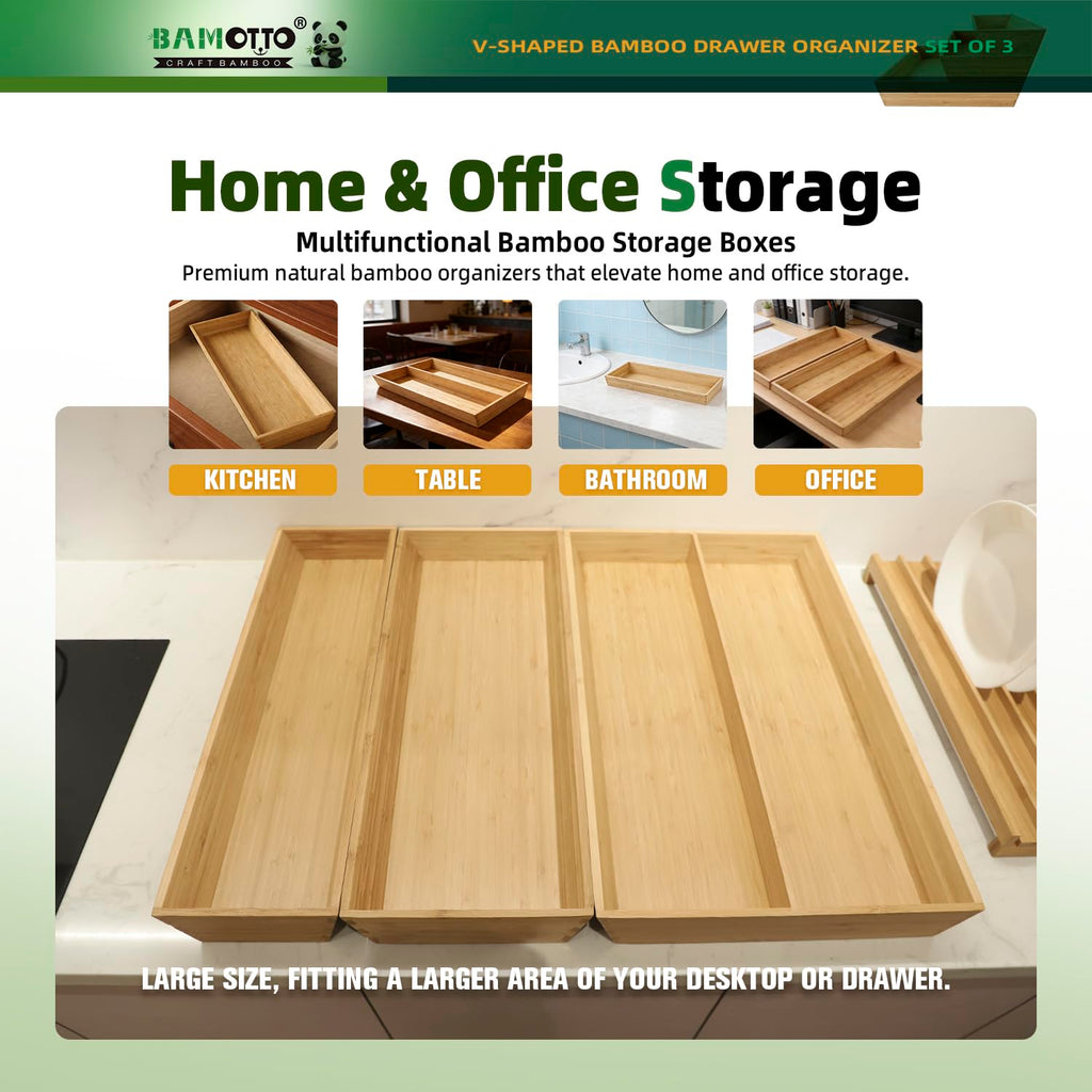 BAMOTTO CRAFTBAMBOO Large Long V-Shaped Bamboo Drawer Organizer Set of 3