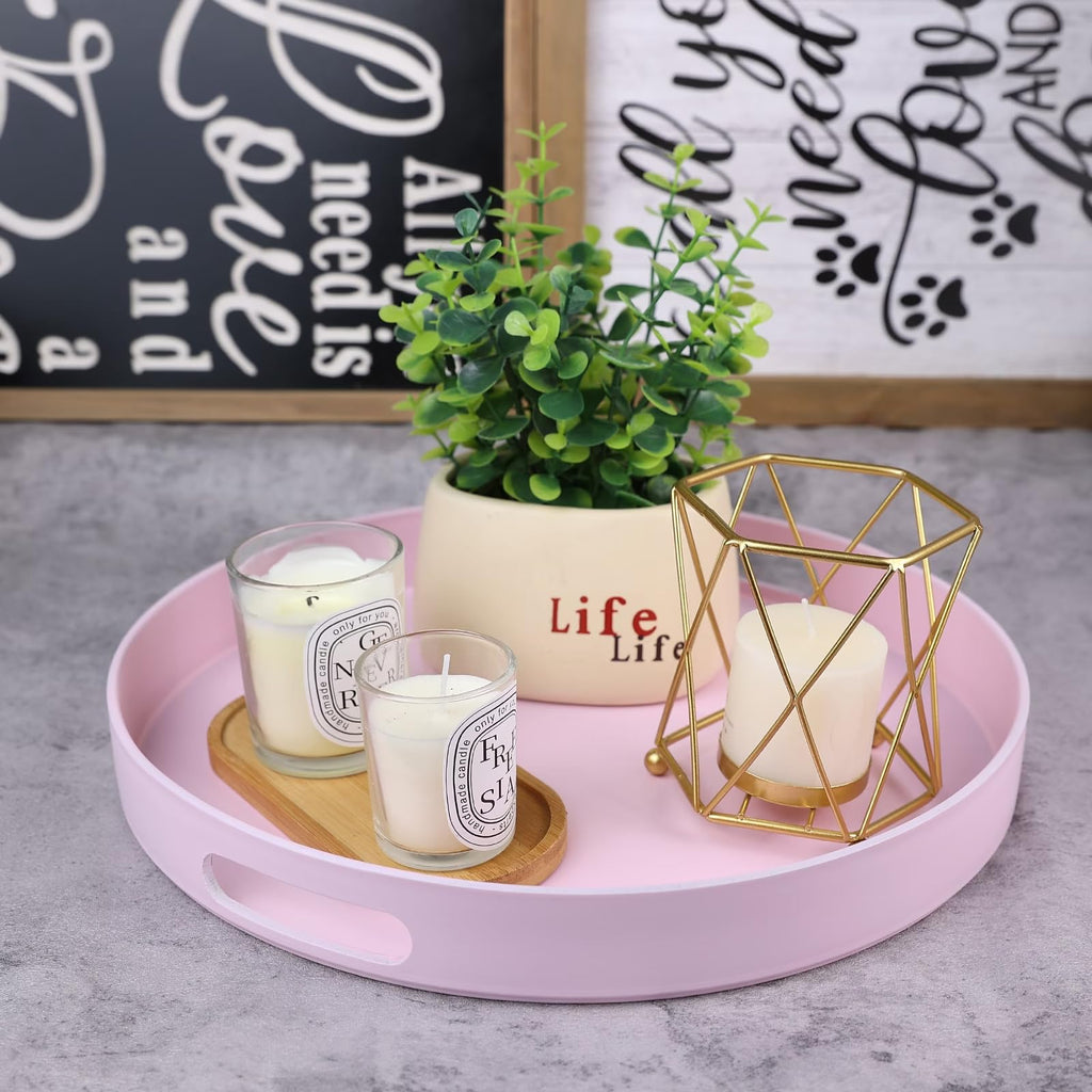 SforGUVA Round Pink Decorative Serving Tray with Handles, 13” Versatile Ottoman Tray for Coffee Table, Entertaining, Outdoor Patio, Living Room