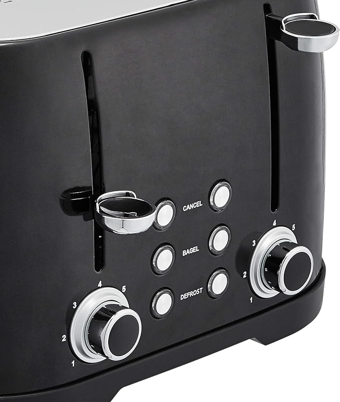 Amazon Basics 4 Slice Toaster, 6 Browning Settings, Removable Crumb Tray, Bagel and Defrost Function, Cancel Button, 1600W, Black