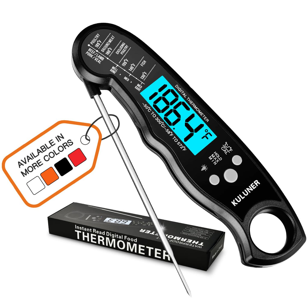 KULUNER Digital Meat Thermometer Instant Read, Waterproof Probe with Backlight & Calibration, Ultra Fast 2-3s Reading, Stainless Steel Kitchen Food Thermometer for Grilling BBQ Cooking Candy - Black