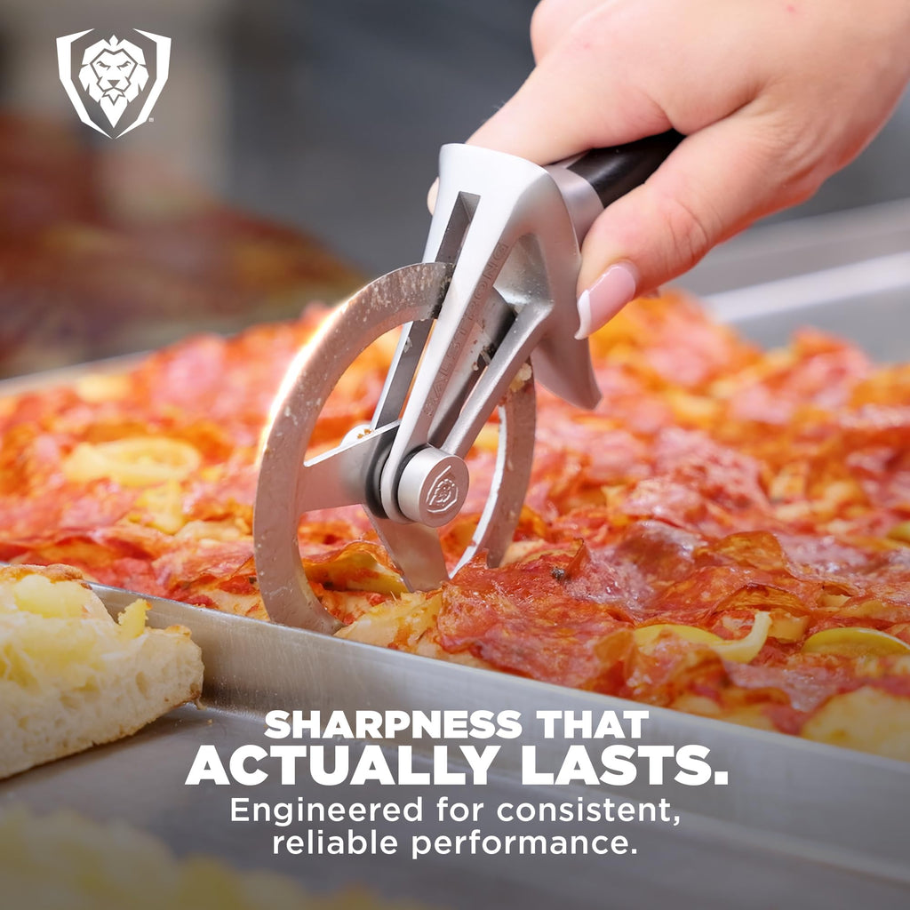 Dalstrong Orbit Razor Pizza Cutter Wheel — 2mm #304 Stainless, Tri-Spoke Rotary, G-10 Handle — For Homemade Pizza, Flatbread, Quesadillas, Pastry & Dough — Thumb Guard + Sheath Included