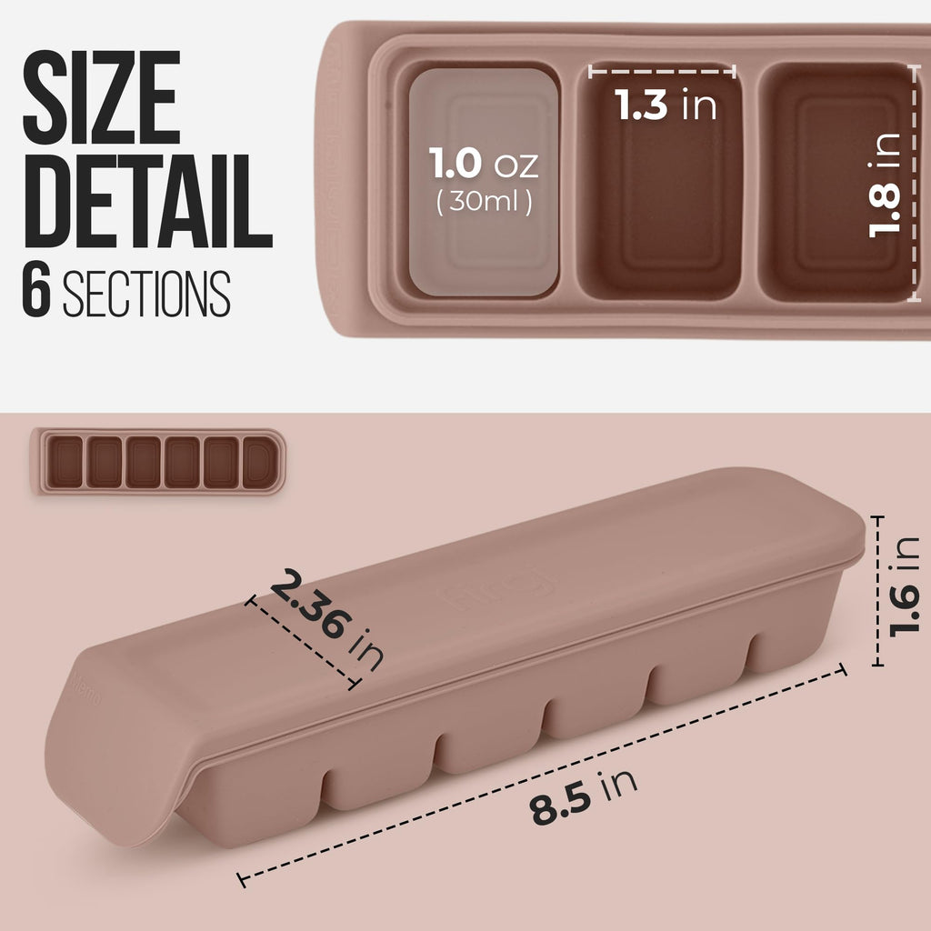 Firgi Silicone Ice Cube Freezer Tray with Lid, 100% Food-Grade Platinum Silicone,Leak Resistance & Dishwasher Safe for Baby Food Prep,Breast Milk,Purees - Korean Made (Brown 2-Pack 1 oz/6 Sections)