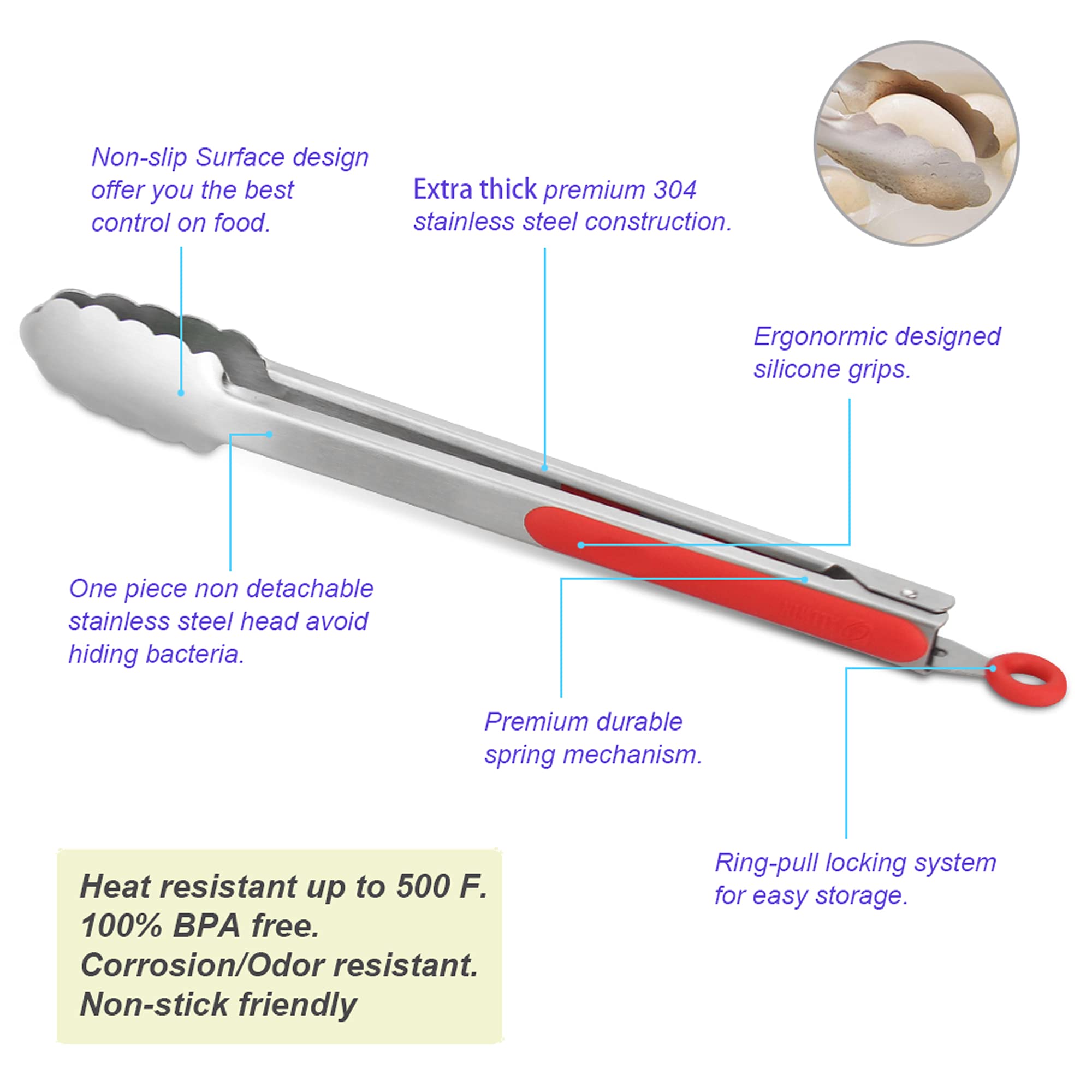 304 Stainless Steel Kitchen Cooking Tongs, 14 & 16 Inch, Set of 2, Red