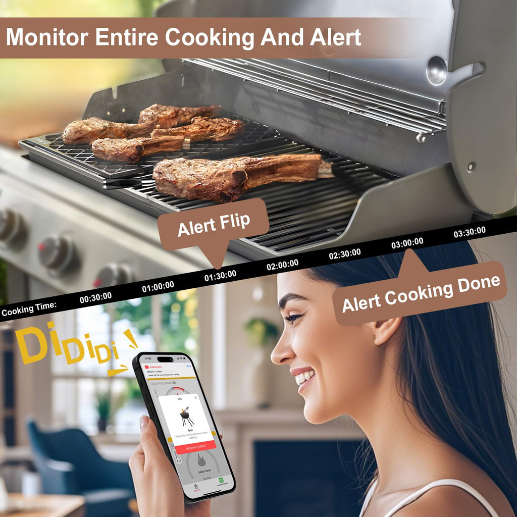 BBQOVN WiFi Sub-1G Wireless Meat Thermometer Unlimited Range, Check Temp Anywhere,7 NIST Certified Sensors with Ambient Temp, Monitor for BBQ, Grill, Oven, Smoker, Air Fryer (Harvest Bamboo)