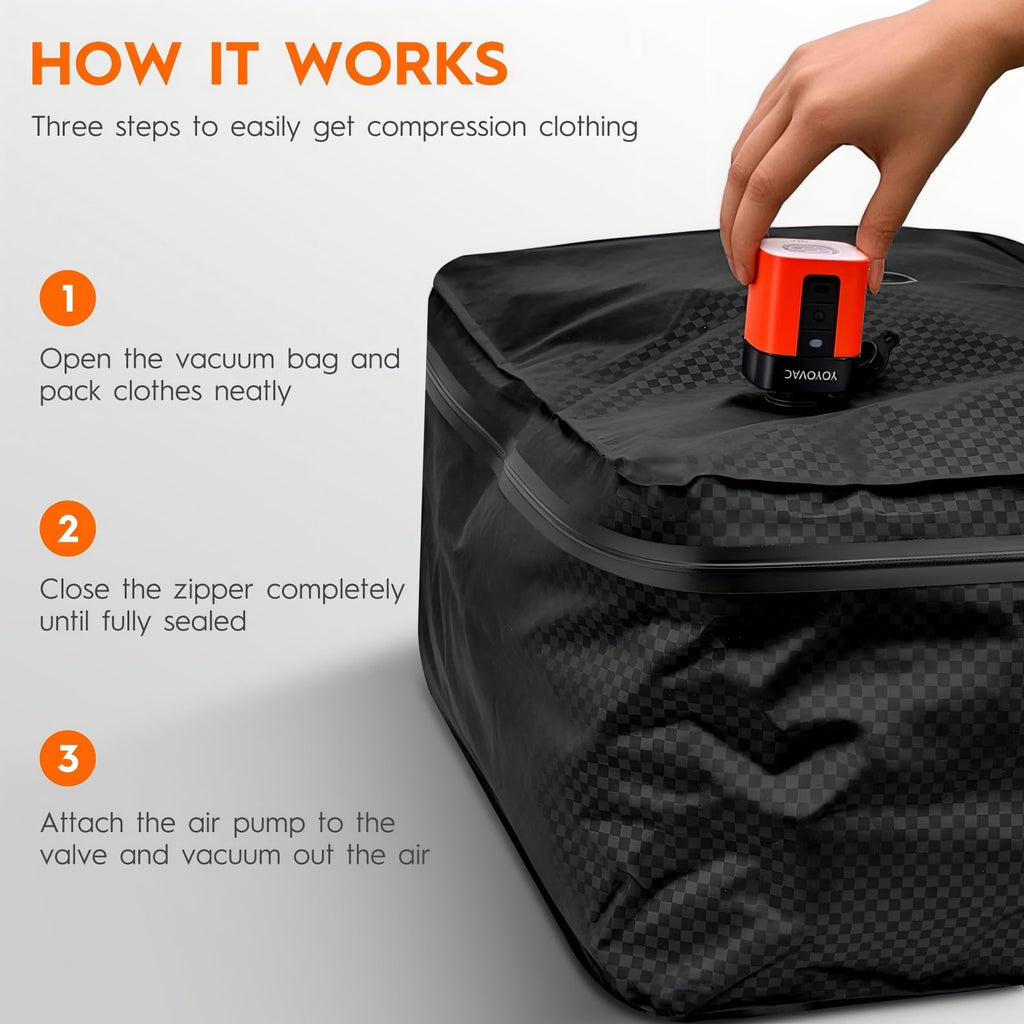 YOYOVAC 43L Max Capacity Vacuum Suitcase Compression Bags with Wireless Pump - Space Saver Bags for Travel Luggage, No Checked Baggage, Reusable, IP68, Fits 20/24/28 Inch Suitcases (No Tracker)