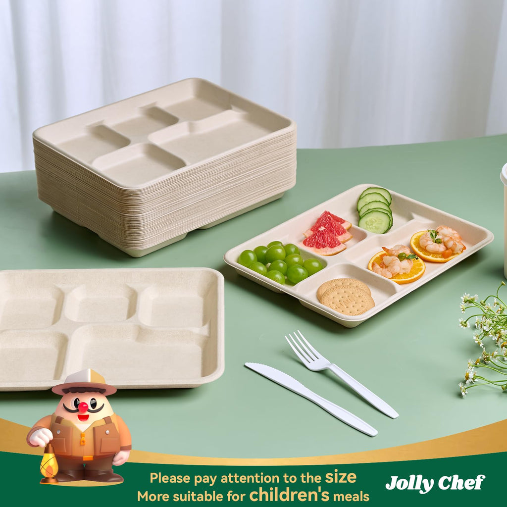 Compostable 5 Compartment 10*8.25*1 Inch 125 Pack Heavy Duty Paper Plates