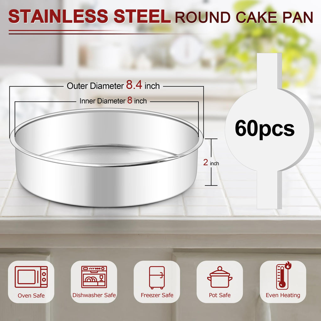 LIANYU 8 Inch Round Cake Pan Set, Baking Pans with 60 PCS Parchment Paper