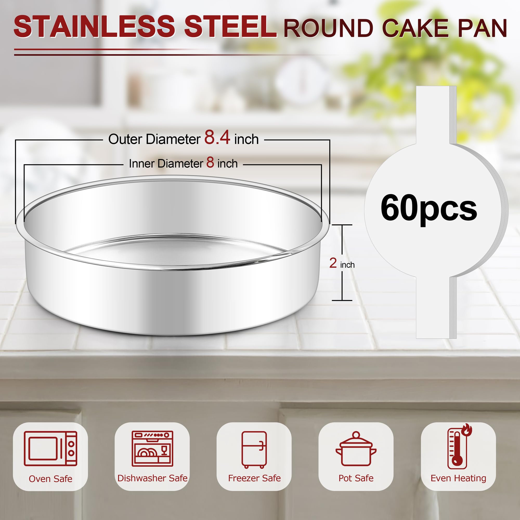 LIANYU 8 Inch Round Cake Pan Set, Baking Pans with 60 PCS Parchment Paper