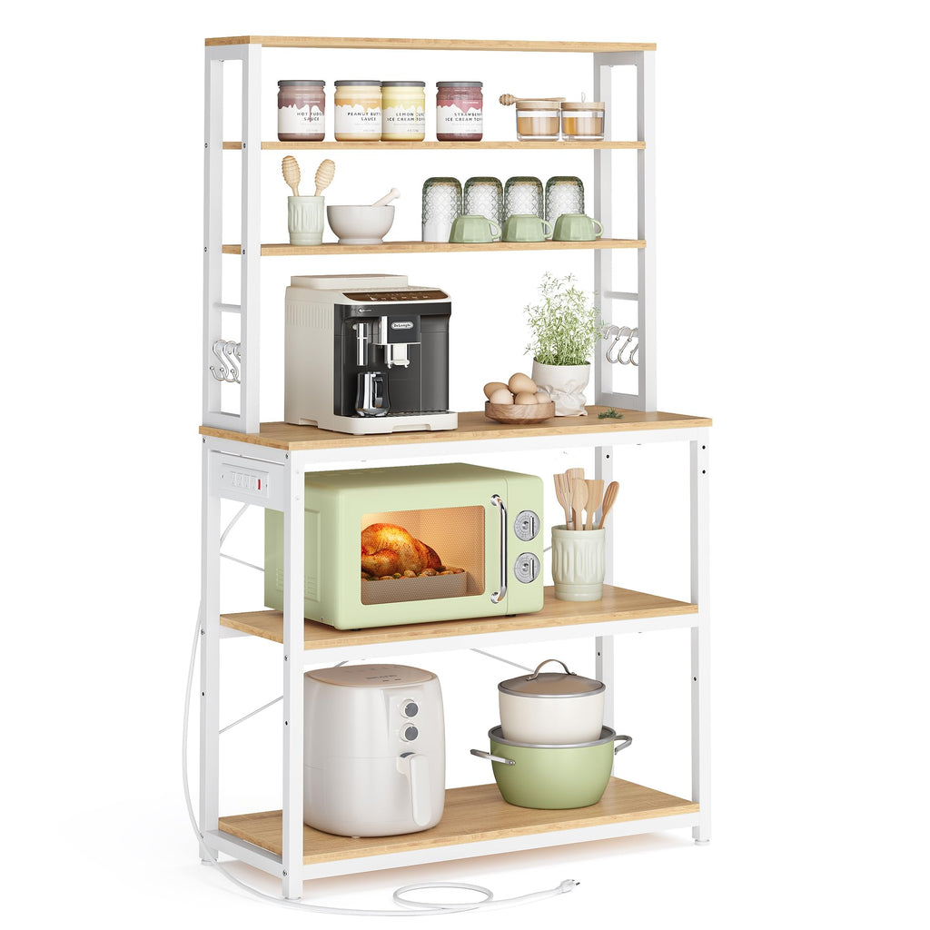 VASAGLE Bakers Rack with Power Outlet, 31.5 Inches Coffee Bar for Kitchen with Storage, 6-Tier Kitchen Shelves with 6 Hooks, Microwave Stand, Modern, Golden Oak and Cloud White UKKS119Y01