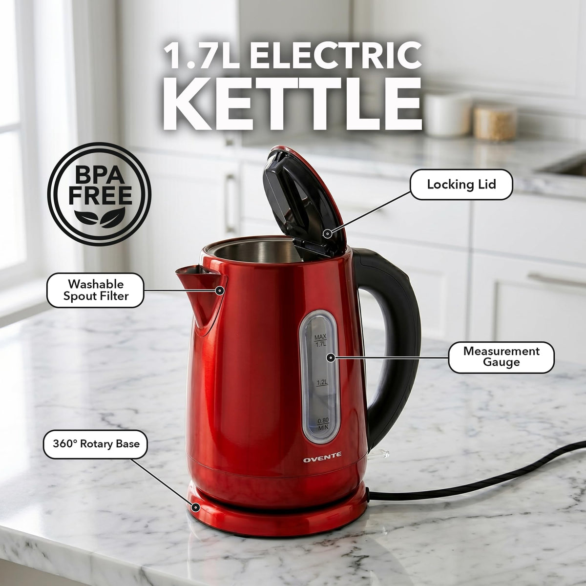 OVENTE Stainless Steel Electric Kettle with 5 Preset Settings, Red KS58R
