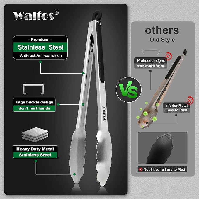 Walfos Stainless Steel Kitchen Tongs for Cooking, BBQ - 7 ，9, 12 and 14 Inch,Set of 4 Heavy Duty Locking Metal Food Tongs Non-Slip Grip