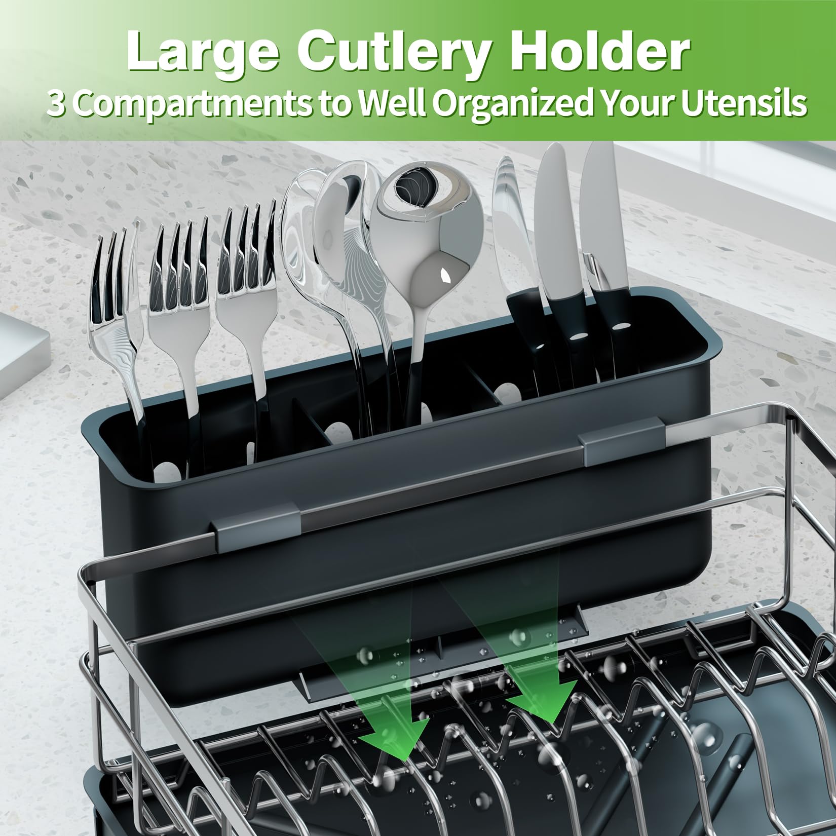 TITIMIO Dish Drying Rack - Space-Saving Dish Rack for Kitchen Counter with Removeable Cutlery Holder,Rustproof & Sturdy Auto-Drain Organizer for Plates,Cups,Knife,Silvery
