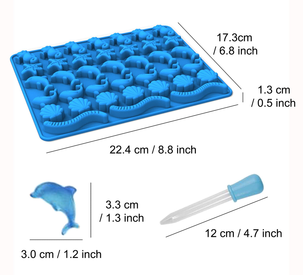 KRLIFCSL Mini Gummy Ocean Animals Silicone Candy Molds Including Hippocampus, Starfishs, Dolphins, Whales, Shells, Worms, for Making Gummies, Chocolates, Vitamin Candy, Pack of 3. (Mini Sea Animal)