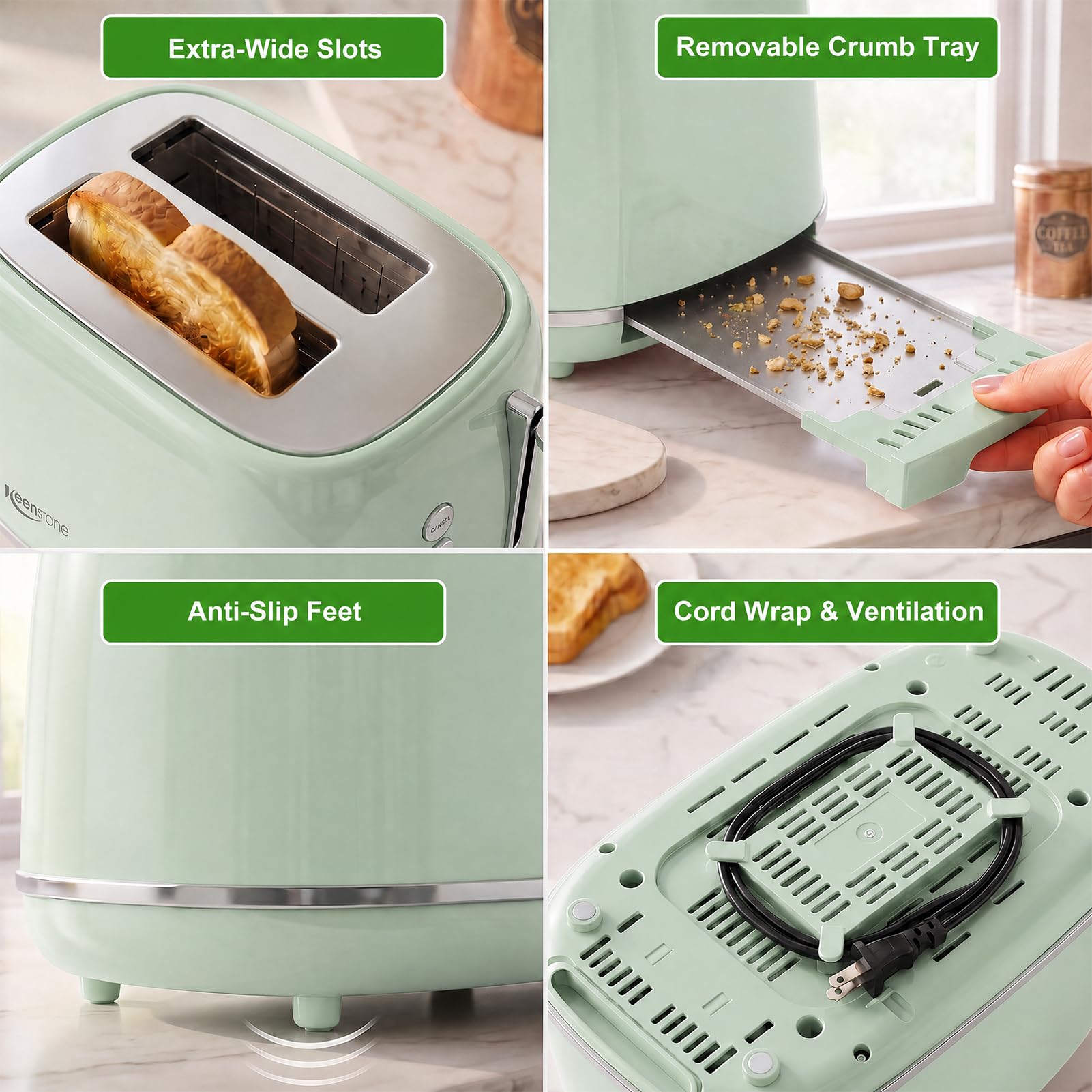 2 Slice Stainless Steel Toaster Retro with 6 Bread Shade Settings, Bagel, Cancel, Defrost Function, Extra Wide Slot, Removable Crumb Tray Green