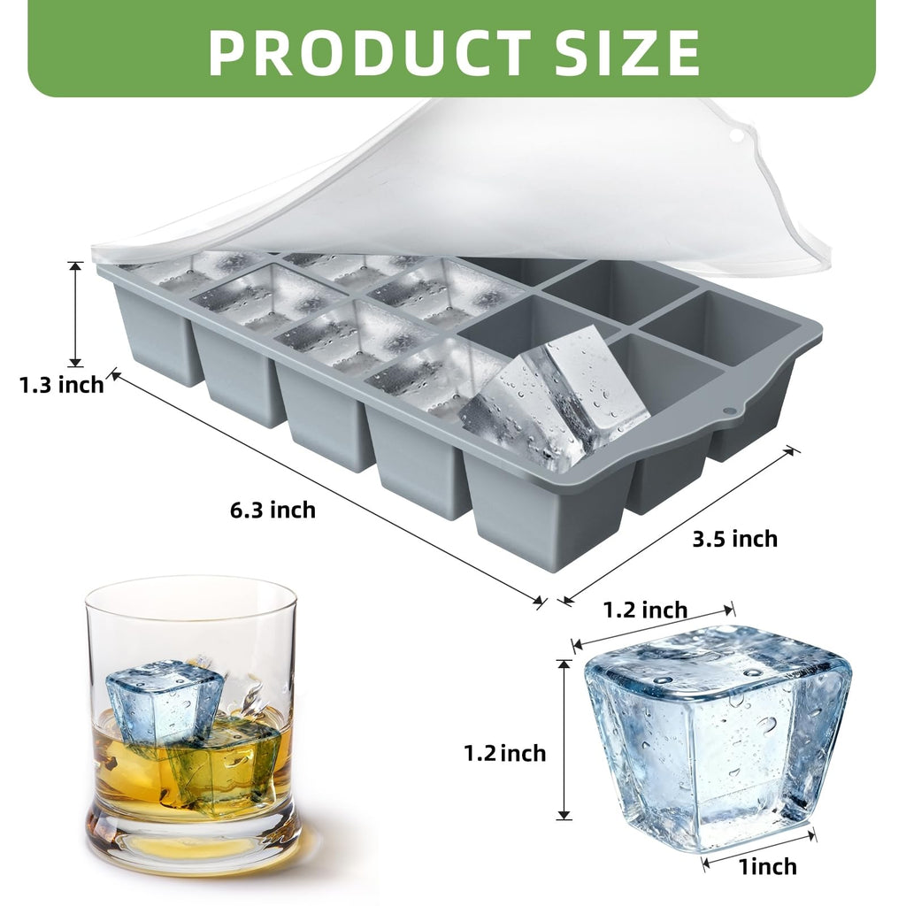 Silicone Ice Cube Tray, 2 Pack Easy-Release Stackable Ice Trays for Freezer with Lid 15 Reusable Cubes, Food Grade BPA Free Ice Molds for Whiskey, Baby Food, Coffee, Cocktail, Drinks (Grey)