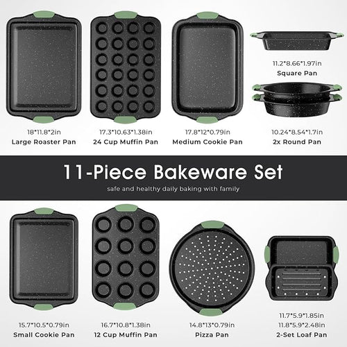 11-Piece Nonstick Bakeware Set, Stackable Baking Pans, Dark Green&Black