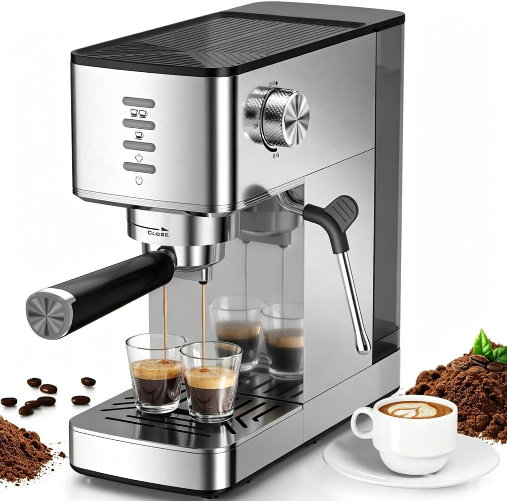 Electactic CM8032SH Essential Stainless Steel Espresso Machine with Steam Wand, Powerful 20-Bar Italian Pump, 37oz Removable Water Tank, Compact Espresso Maker for Home Baristas, Cappuccino & Latte