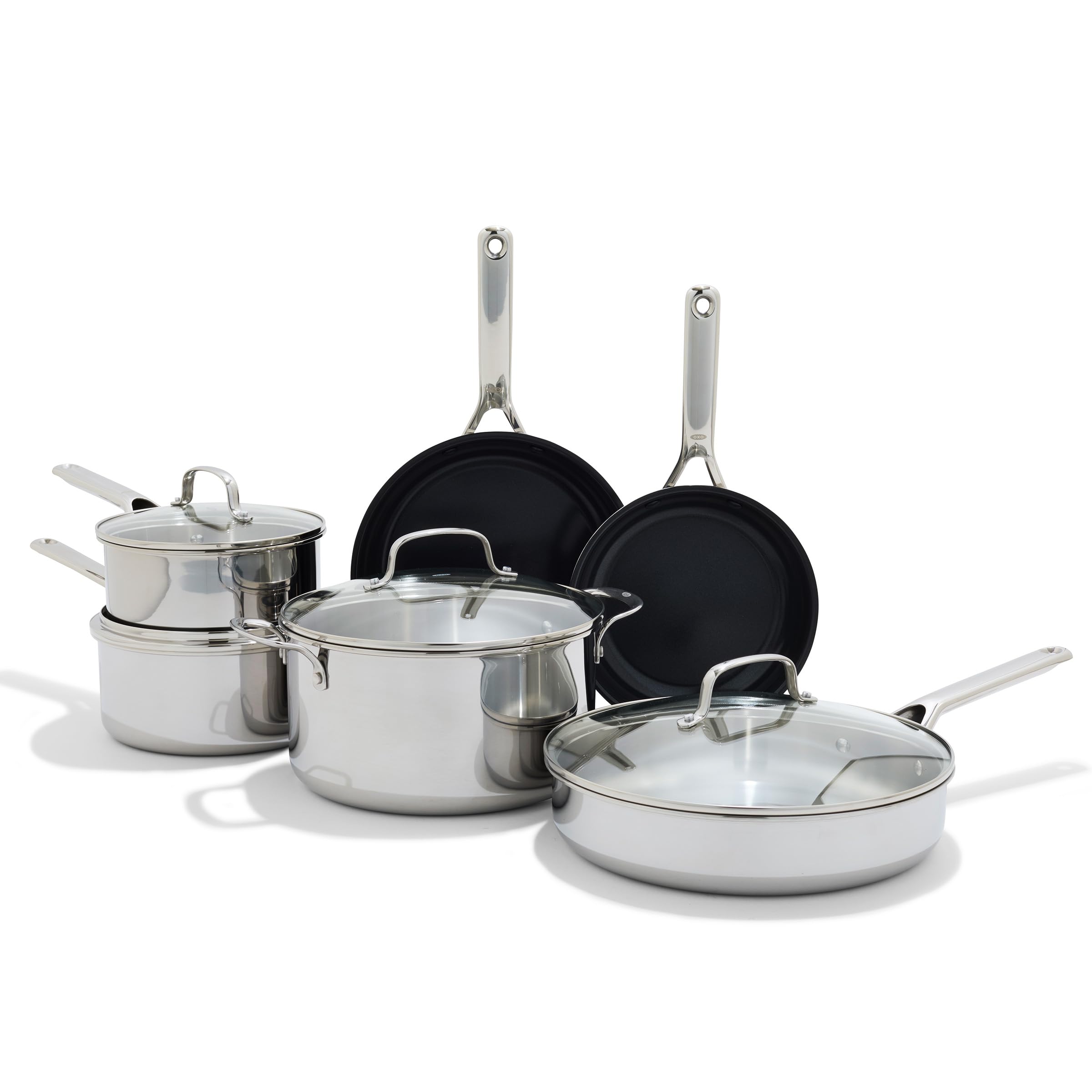 OXO 13 Piece Stainless Steel Cookware Set, Tri-Ply Multiclad Pots & Pans, PFAS-Free Ceramic Nonstick Coated Frying Pans, Induction Compatible, Dishwasher & Oven Safe, Sauce, Stock, Saute, Silver