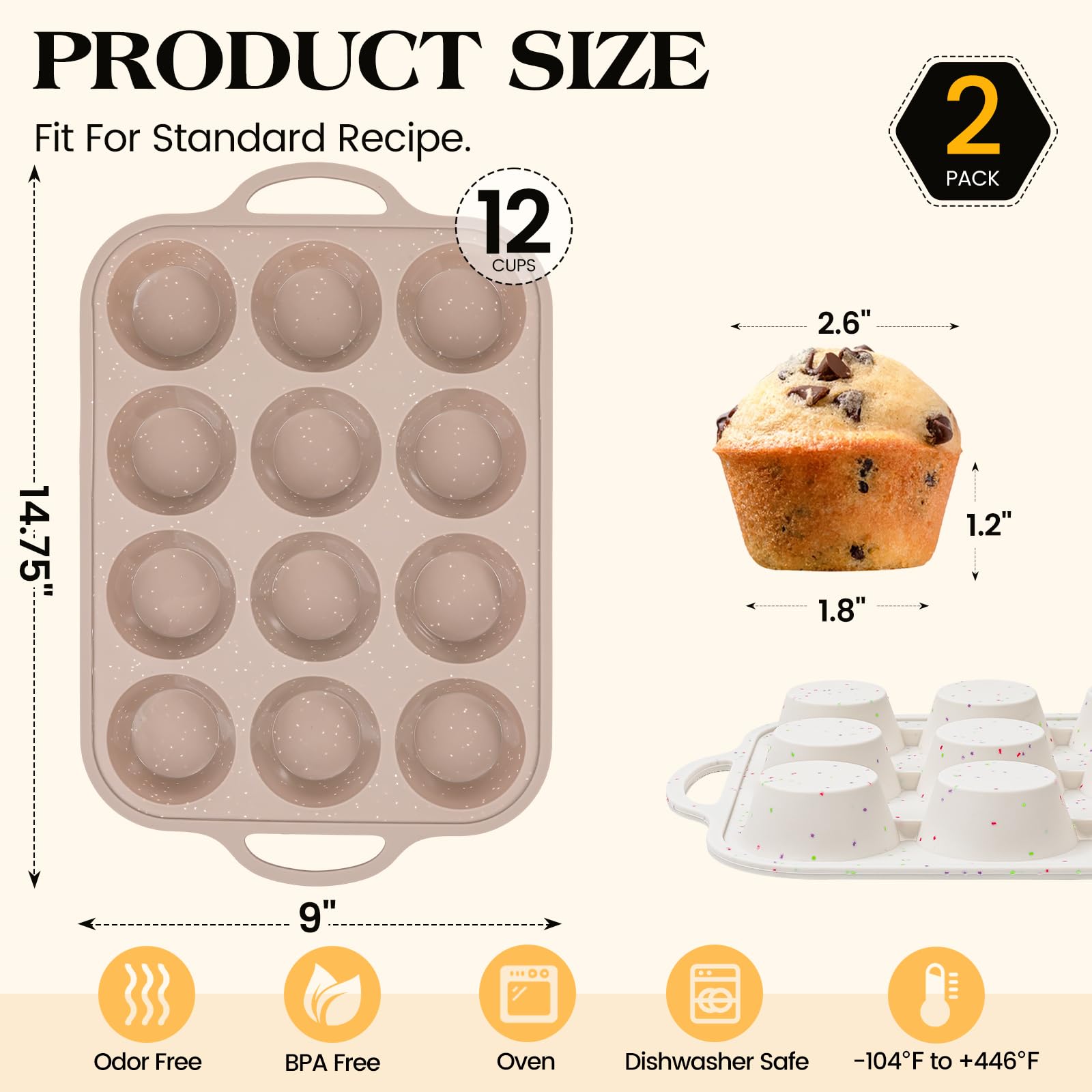 Vinino 2Pack Silicone Muffin Pans for Baking with Metal Reinforced Frame, 12 Cups Regular Size Nonstick Silicone Cupcake Pan, BPA Free Oven Dishwasher Safe Baking Mold for Muffins Cupcakes