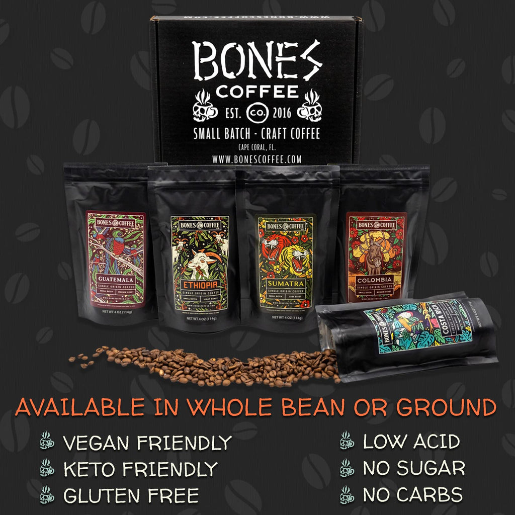 Bones Coffee Company NEW World Tour Sample Pack, Single-Origin Flavored Coffee Low Acid Medium Roast Arabica Beans Specialty Coffee Gifts Compatible Auto Drip and French Press, 4 oz Pack of 5 Ground