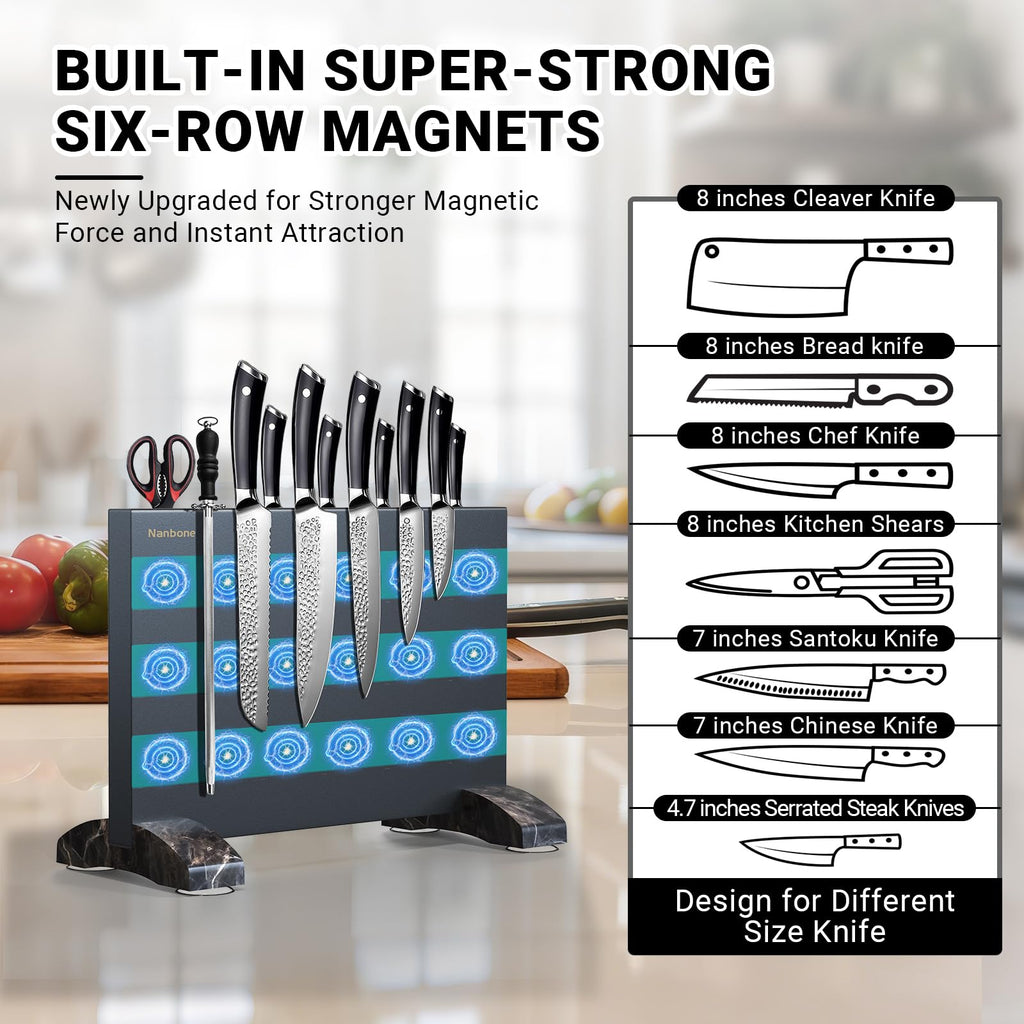 Nanbone Black Magnetic Knife Block Stand Without Knives Black Double Sided Magnetic Knife Holder Rack for Kitchen Counter Stainless Steel Knife Magnetic Strip Display Stand Storage Organizer