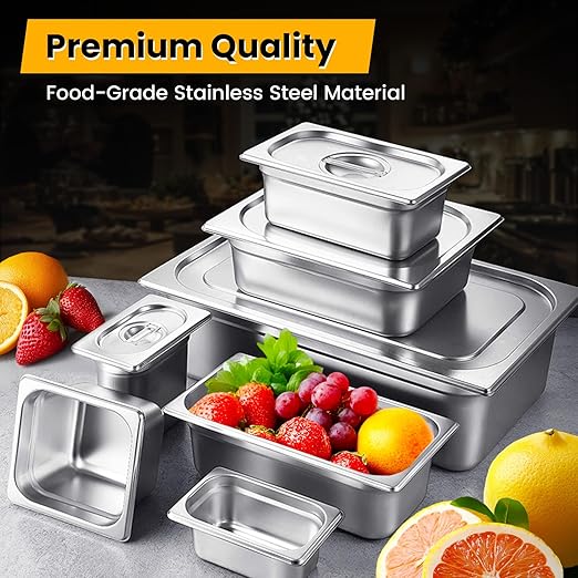 1/4 Hotel Pans 6 Inch Deep Stainless Steel Food Pan - Anti-Jam 6 Pack Steam Table Pan Set for Catering, Buffet Use, Kitchen Prep