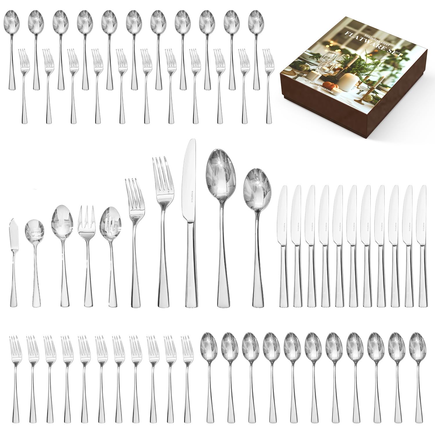 65 Piece Silverware Set for 12 with Serving Utensils, 18/10 Stainless Steel