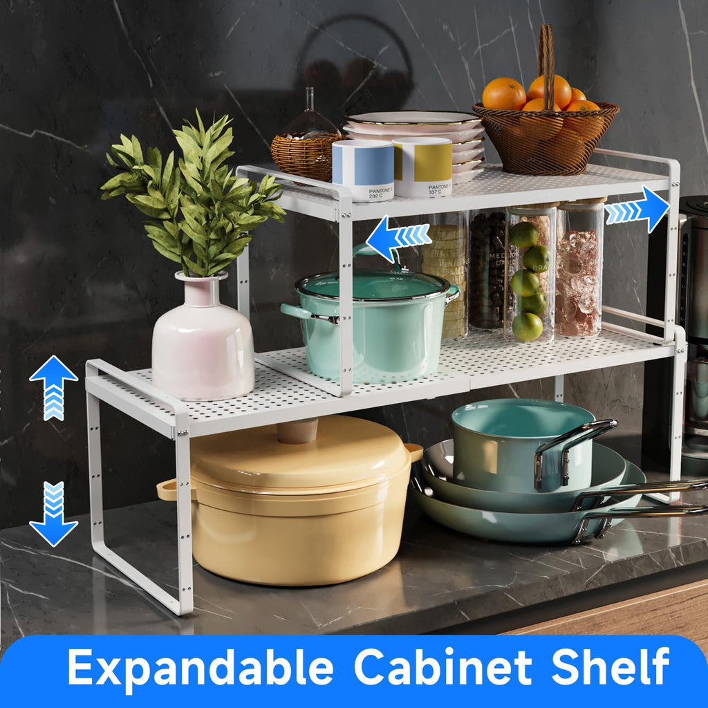 KIKIBRO Expandable Kitchen Shelf Organizers, Kitchen Cabinet Organizer Stand Rack Organization for Countertop Cupborad Pantry Spice Rack, White 1 Pack