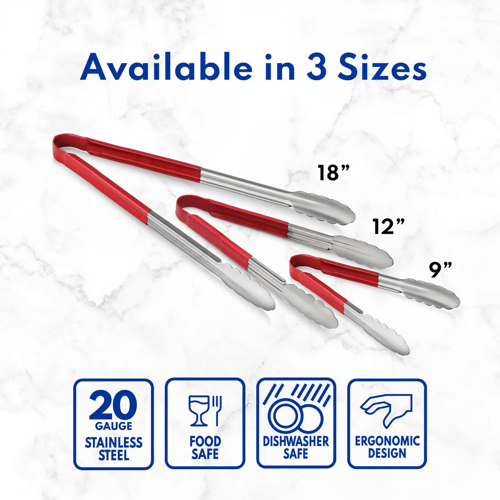 New Star Foodservice 35872 9-Inch Utility Spring Tongs, Stainless Steel, Vinyl Coated, Set of 12, Red