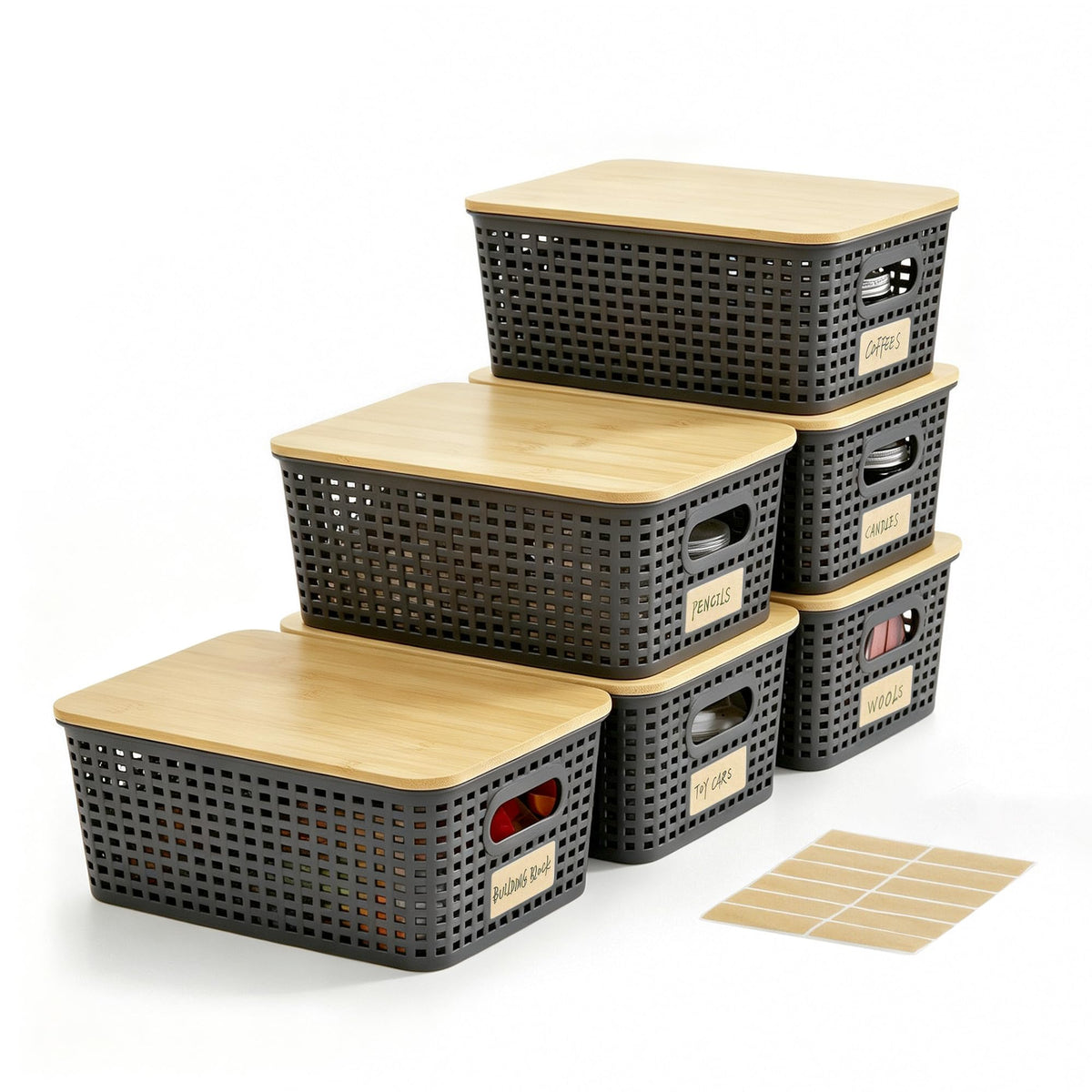 Bagnizer Small Plastic Storage Bins with Bamboo Lids 5.2qt Stackable Box Basket Pantry Decorative Containers Cute with Lable for Organizing Desktop Closet Office Gray of 6 packs 10 * 7.2 * 4.1"