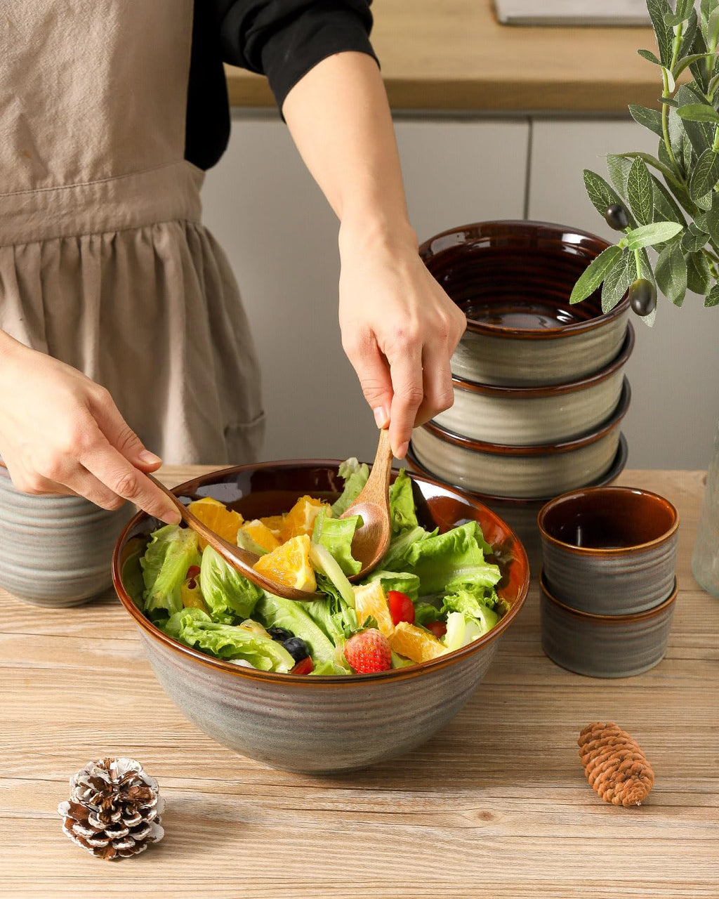 Hasense Serving Bowls, 84 Ounce Ceramic Serving Dishes for Salad Pasta Soup Pho, 9 Inch Mixing Bowls for Baking, Cooking, Kitchen, Party，Dinner, Microwave Dishwasher Safe, Set of 2, Light Grey