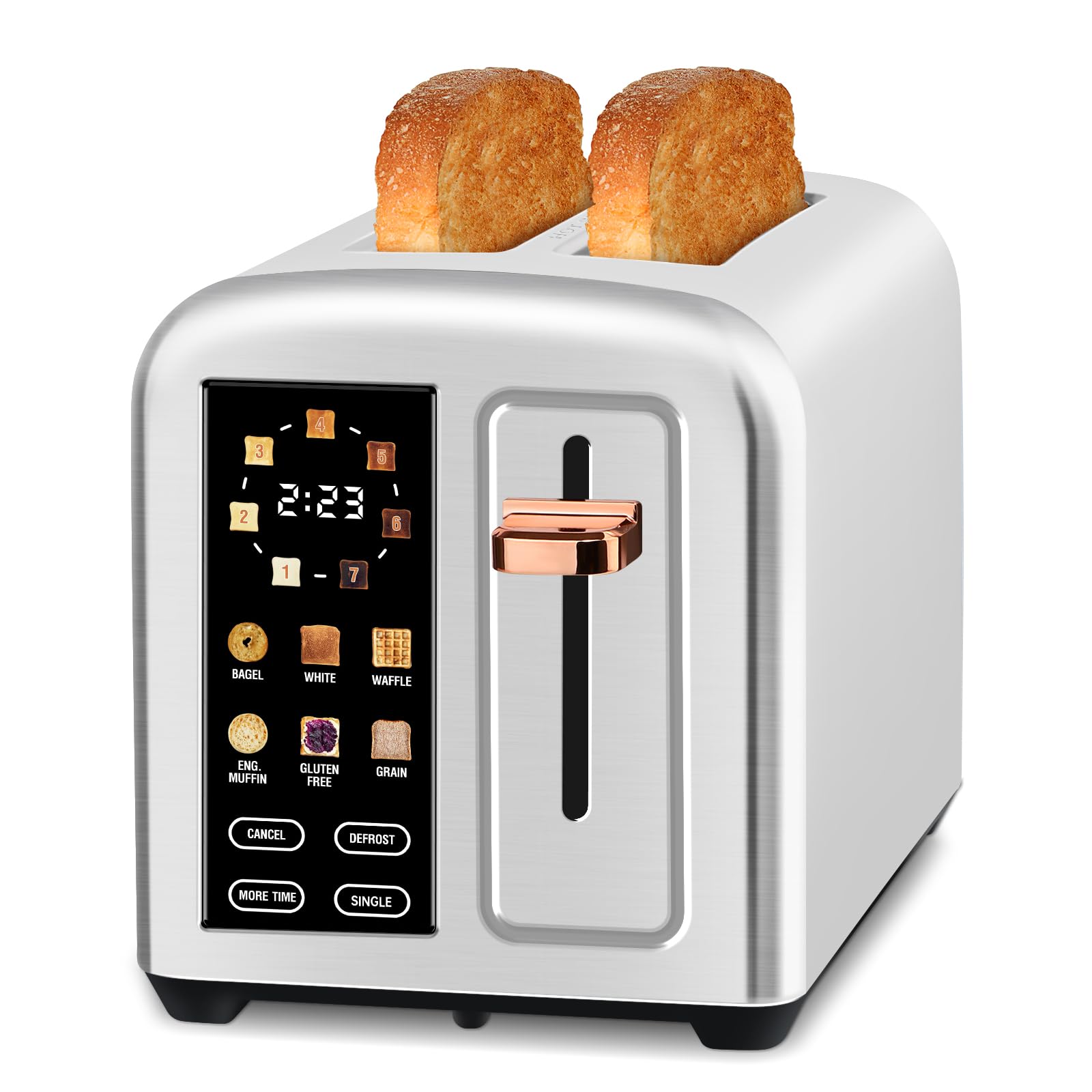 SEEDEEM Toaster 2 Slice, Real Touch Screen with LCD Display, Single-Slice Function, Stainless Steel Toaster, 50% Faster Heating, 1.5" Wide Slots, Removable Crumb Tray, 1350W, Silver Metallic