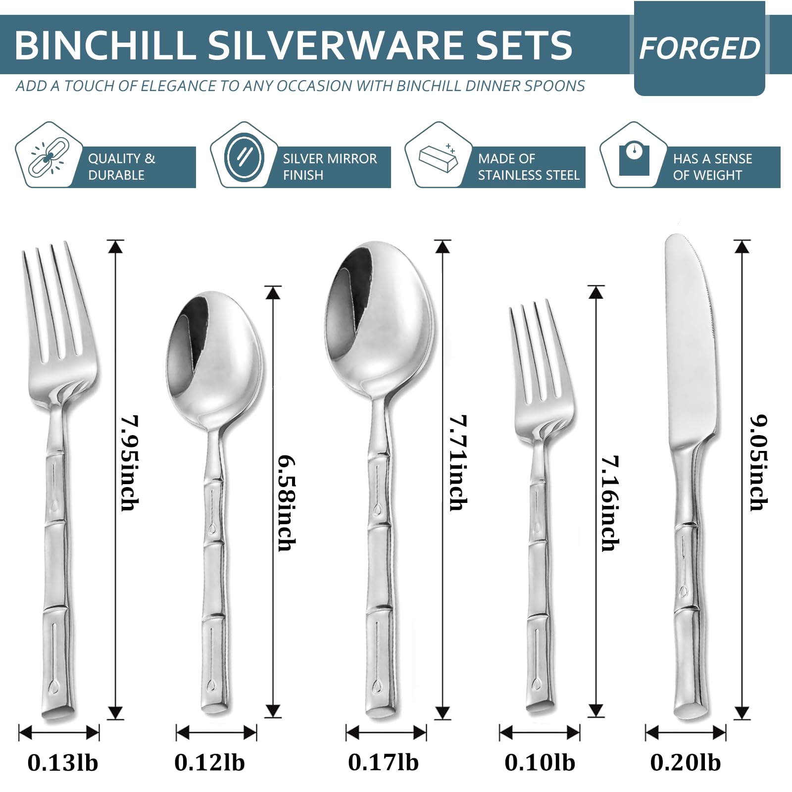 Bamboo 20-Piece Silverware Set, Stainless Steel Flatware Set, Cutlery Set Mirror Polished, Dishwasher Safe, Service for 4