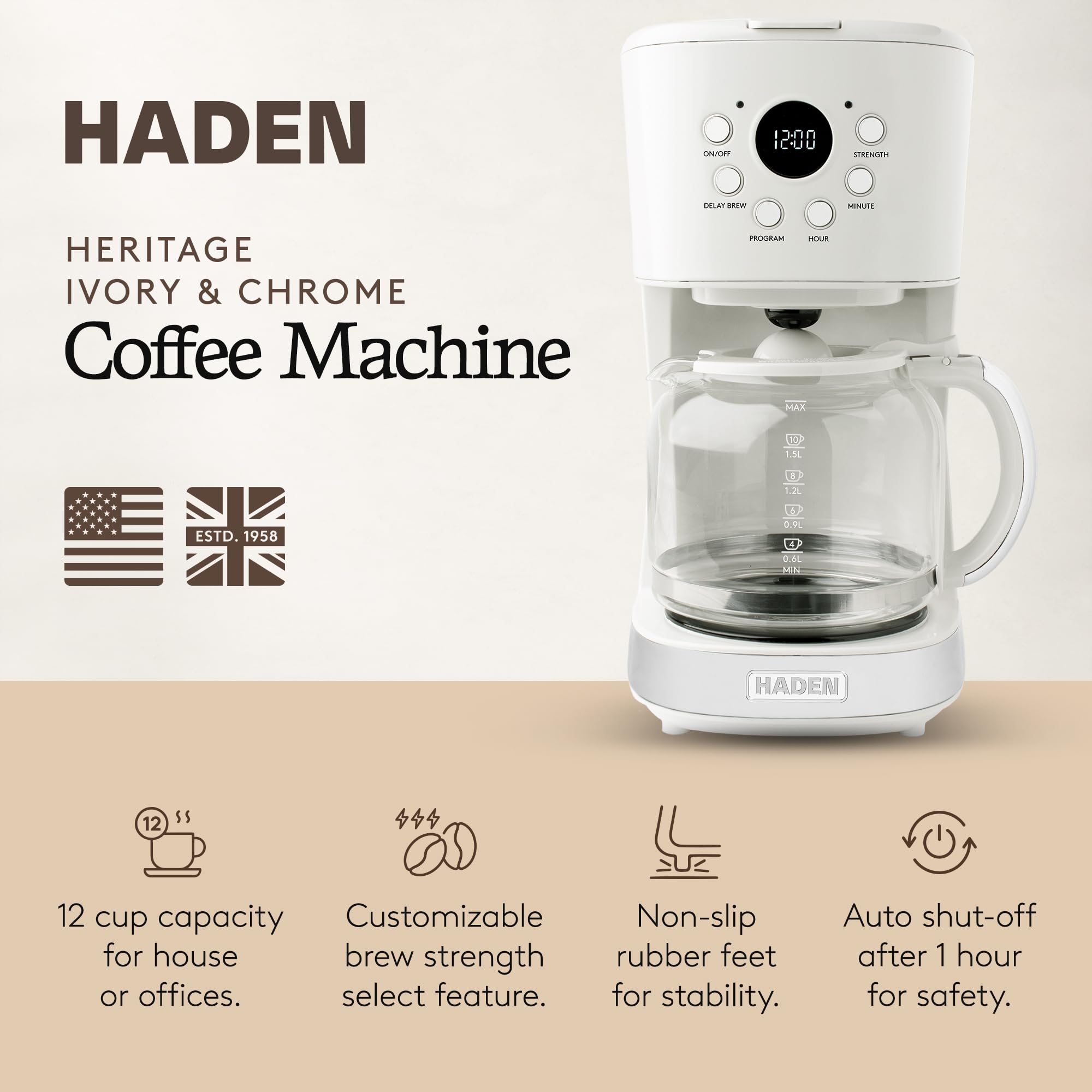 HADEN Coffee Machine, 12 Cup Programmable Drip Coffee Maker