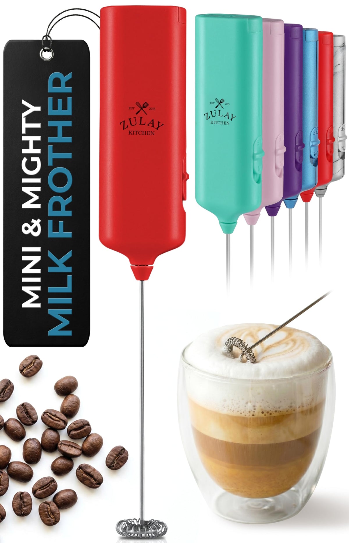 Zulay Powerful Milk Frother for Coffee with Upgraded Titanium Motor - Handheld Electric Whisk, Milk Foamer, Mini Mixer & Coffee Blender for Frappe, Latte, Matcha, No Stand - Pristine Teal