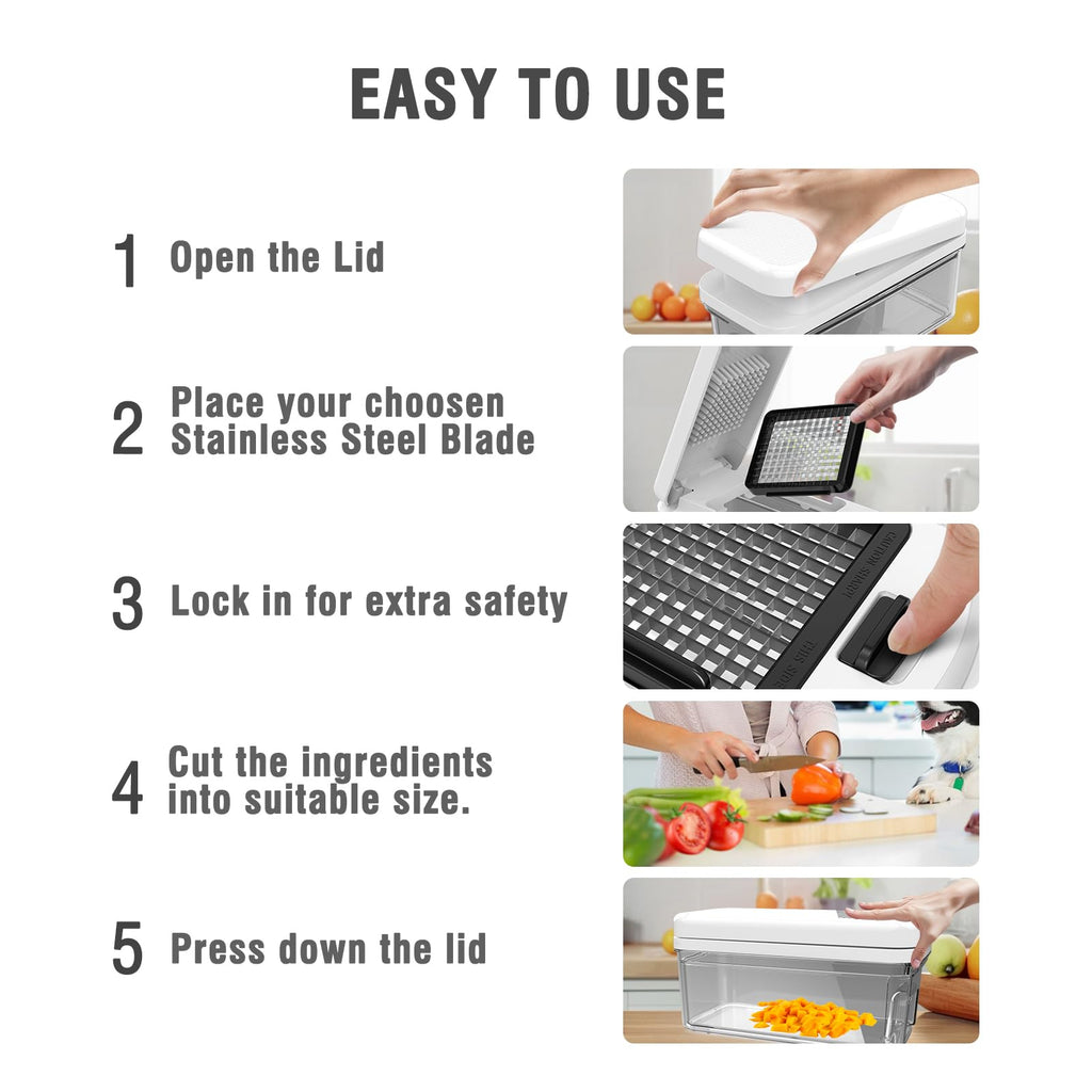 Food Chopper with Container, Veggie Chopper and Vegetable Chopper with 7 Stainless Steel Blades, Onion Chopper Dicer Cutter for Potato, Carrot, Garlic, Cubumber, Salad Meal Prep