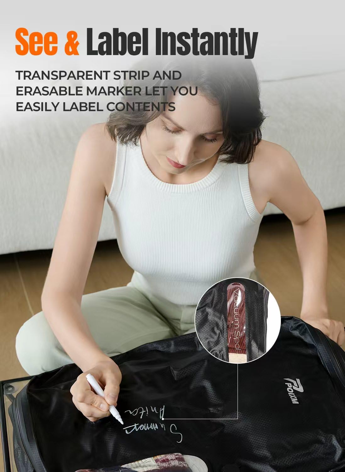 POIXM Vacuum Bags for Travel with Wireless Pump, 180° Open Zipper, IP67 Waterproof, Reusable Space Saver Compression Bags for Backpack, Suitcase, Home Storage(1 Pack + Pump)