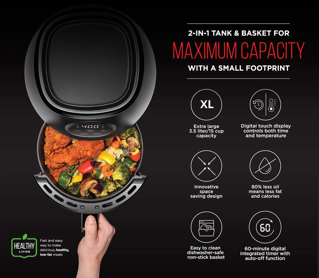 CHEFMAN Small Air Fryer Healthy Cooking, 3.6 Qt, User Friendly, Nonstick, Digital Touch Screen, Dishwasher Safe Basket, w/ 60 Minute Timer & Auto Shutoff, Matte Black, Cookbook Included