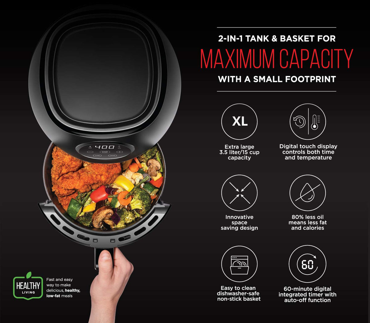 Chefman Digital 3.6 Quart Touch Screen Air Fryer Oven w/Space Saving Flat Basket, Healthy Oil-Free Airfryer w/ 60 Minute Timer & Auto Shutoff, Dishwasher Safe Parts, BPA-Free, Black