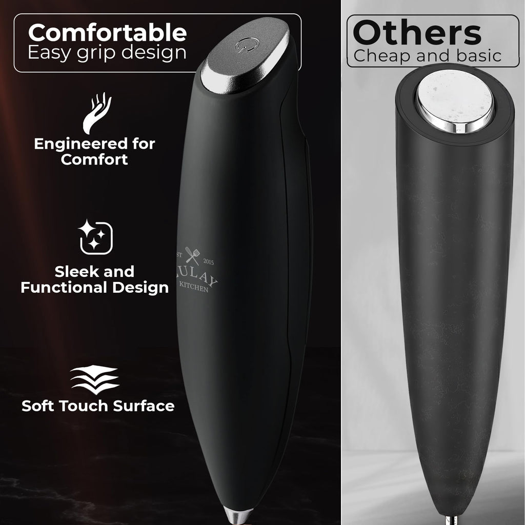 Zulay Kitchen Powerful Milk Frother Wand With Duracell Batteries - Ultra Fast Handheld Drink Mixer - Electric Whisk Foam Maker for Coffee, Lattes, Cappuccino & Matcha - Triple Whisk - Black