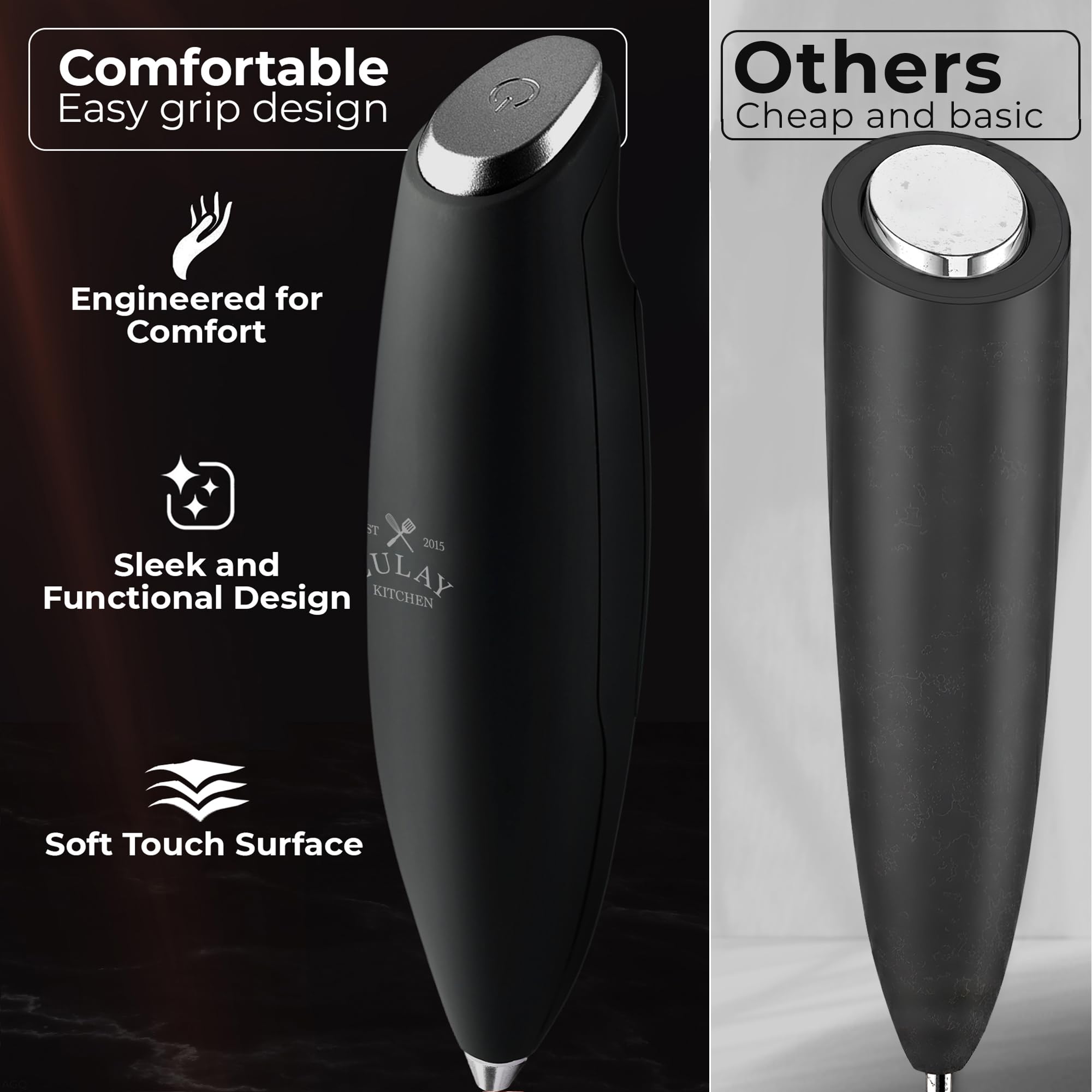 Zulay Kitchen Powerful Milk Frother Wand With Duracell Batteries - Ultra Fast Handheld Drink Mixer - Electric Whisk Foam Maker for Coffee, Lattes, Cappuccino & Matcha - Triple Whisk - Black