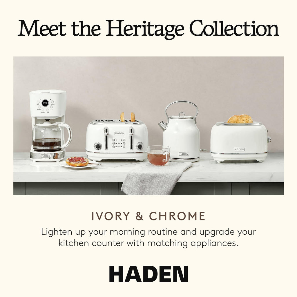 Haden Heritage Stainless Steel Body Retro Electric Tea Kettle, White and Haden Heritage 4 Slice Wide Slot Stainless Steel Retro Toaster, White