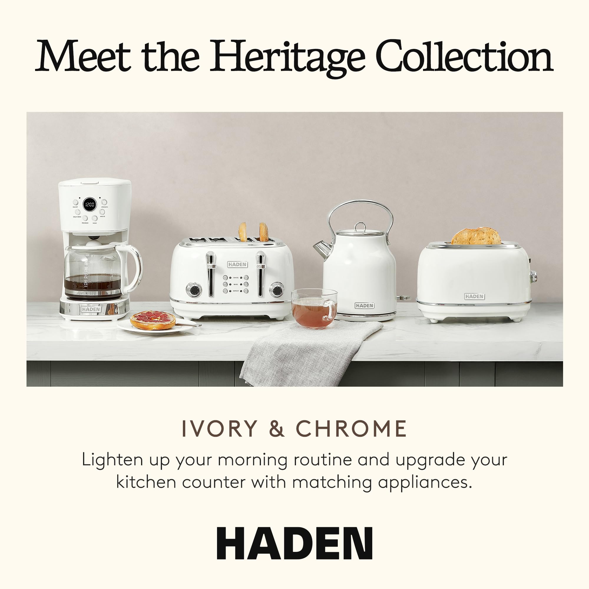 Haden Heritage Stainless Steel Body Retro Electric Tea Kettle, White and Haden Heritage 4 Slice Wide Slot Stainless Steel Retro Toaster, White