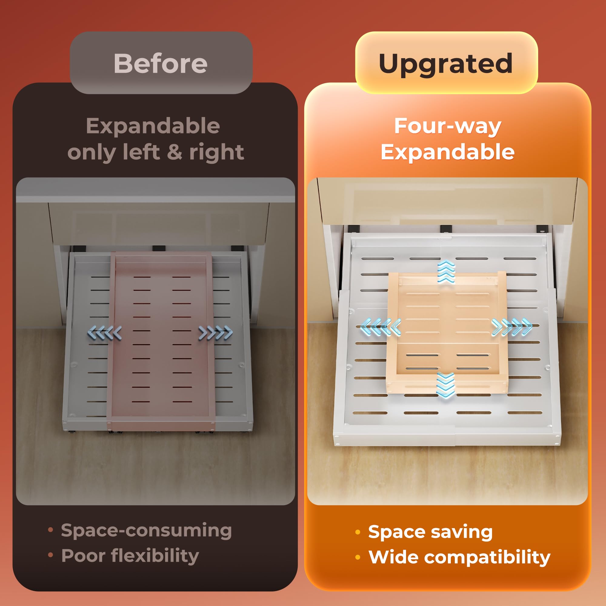 Makfoner 1 Pcs Pull Out Cabinet Organizers, Width (12"-19") and Depth (17"-23") Expandable With 3 Slides, No Drill Slide out Drawers Adhesive Film or Nail Cabinets Without Lip in Kitchen, Bathroom