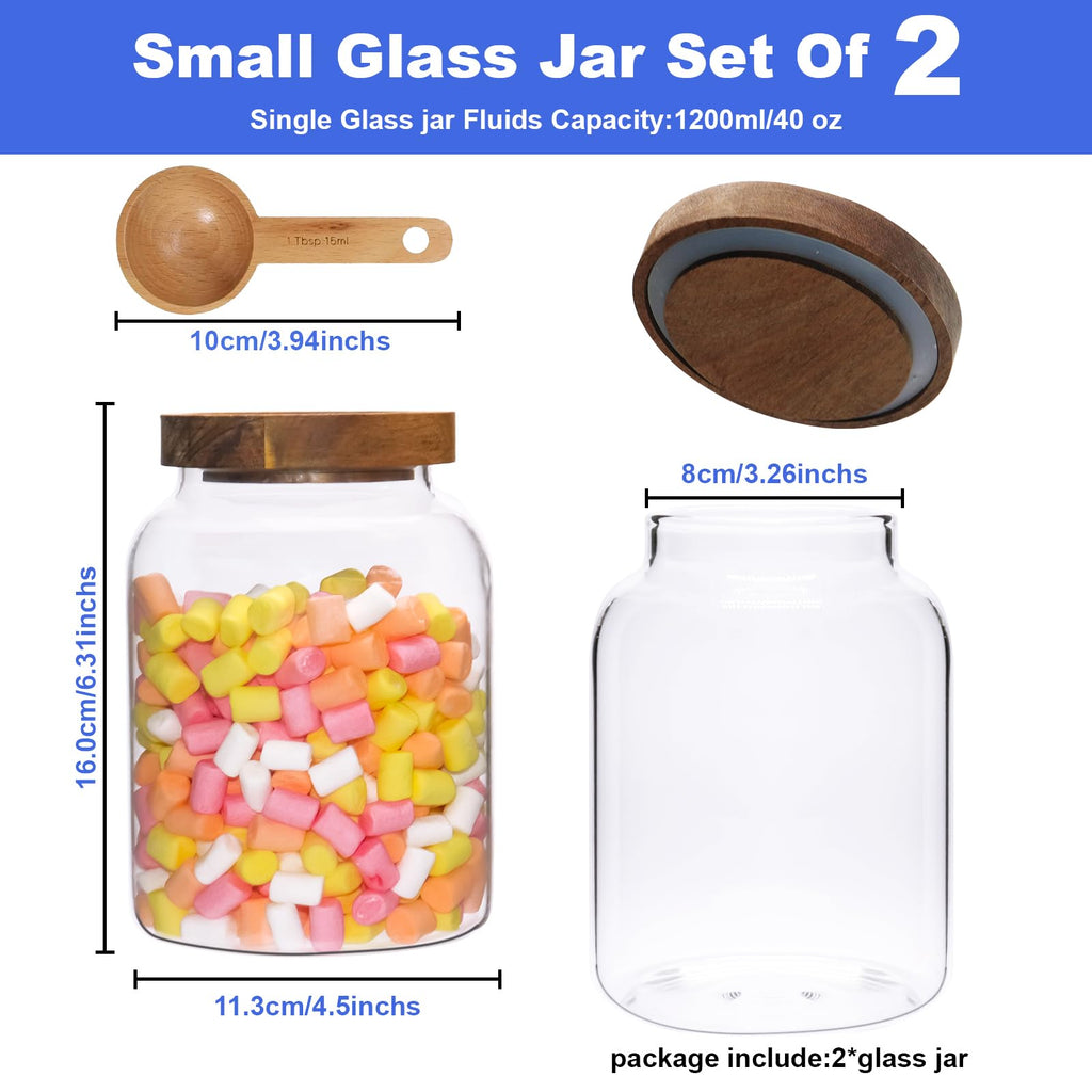 Glass Jar with Spoon Wooden Lid Clear Coffee Ground Containers Set Borosilicate Glass Kitchen Storage Canister for Sugar Espresso Spice Beans Nut Pasta Candy Tea (1200ml(40oz)-with spoon (2pack))