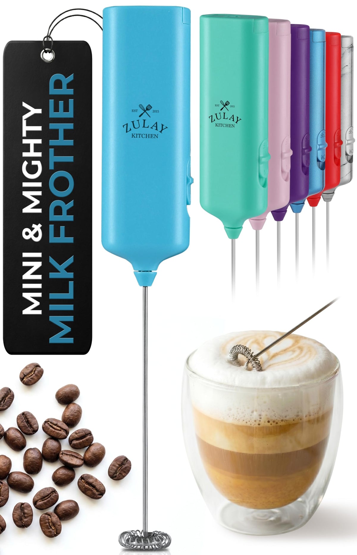 Zulay Powerful Milk Frother for Coffee with Upgraded Titanium Motor - Handheld Electric Whisk, Milk Foamer, Mini Mixer & Coffee Blender for Frappe, Latte, Matcha, No Stand - Pristine Teal