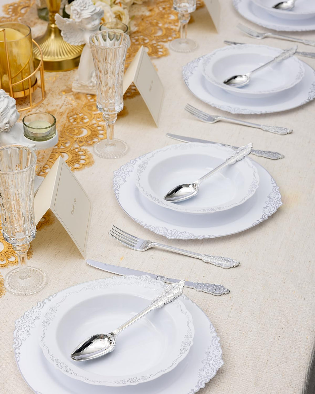Bestluck 50 Pack White Plastic Bowls with Silver Rim